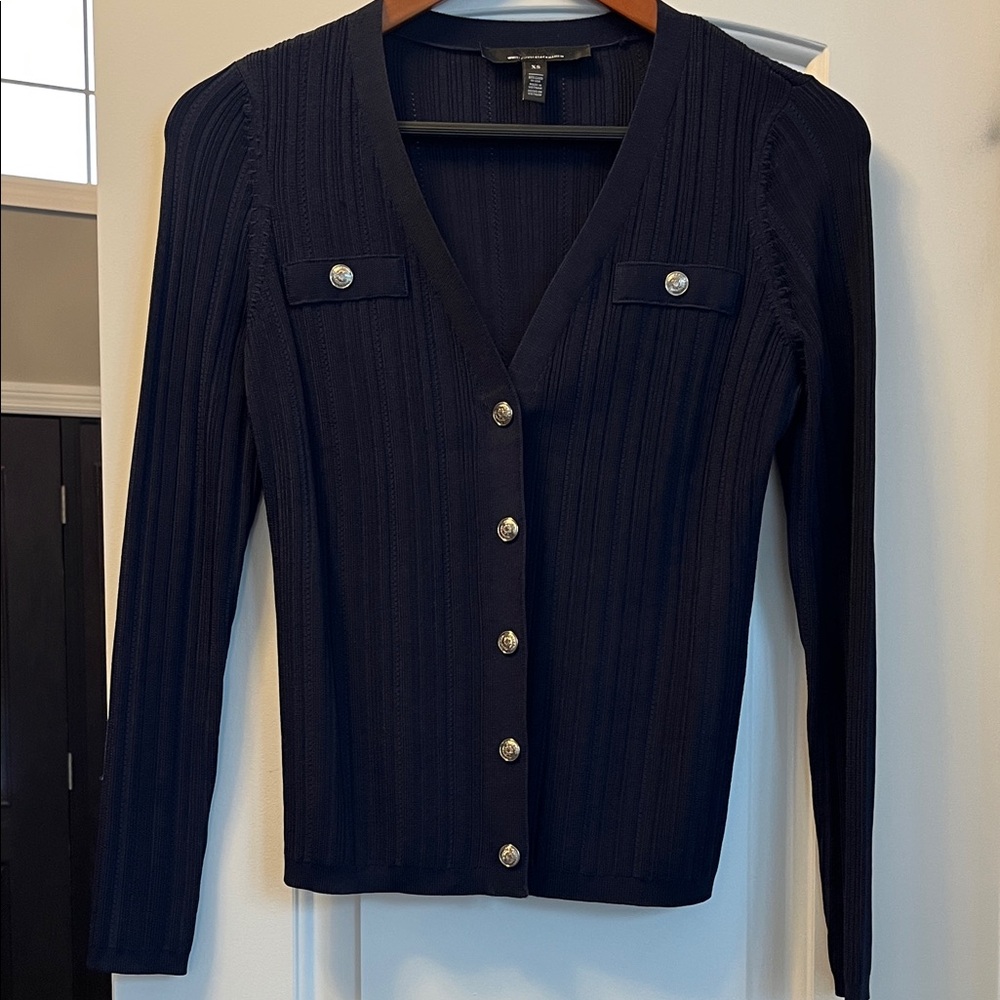 White House Black Market Navy Ribbed Silver-Button Cardigan